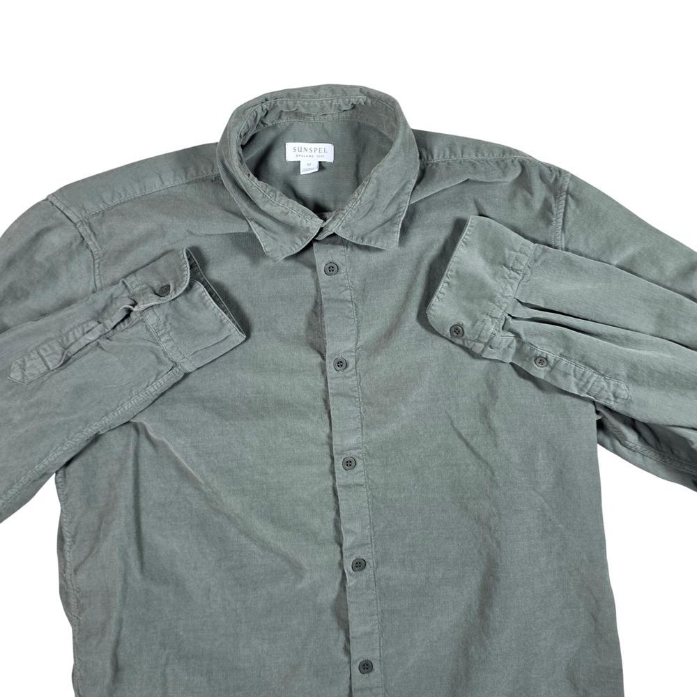 Sunspel Men's Medium Fine Corduroy Button Down Shirt Sage Green Portugal flaws
